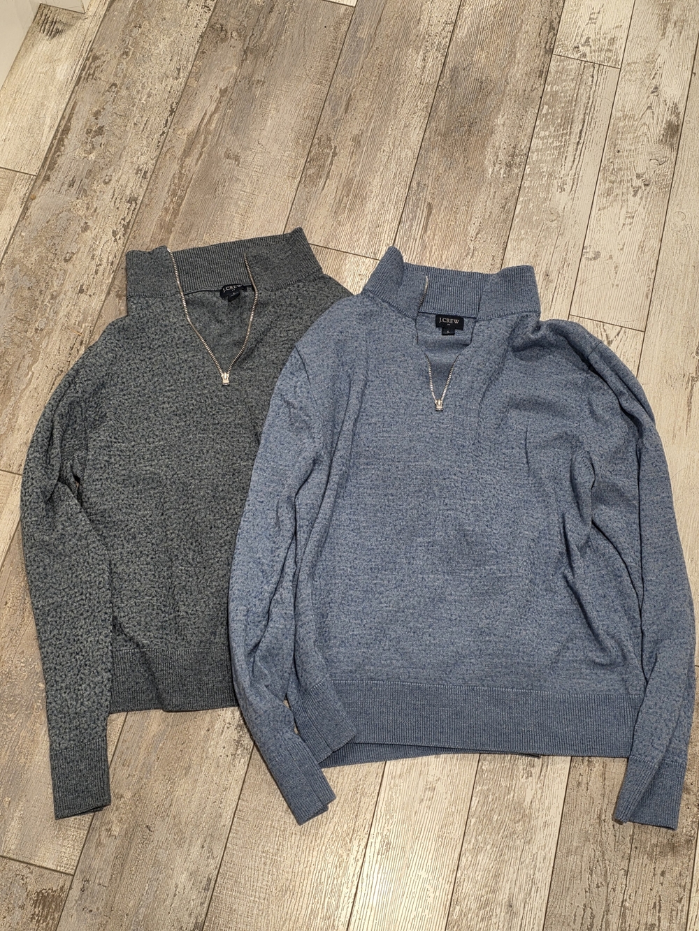 (L) Women's Lot (2) J. Crew Quarter Zip Sweaters Blue Gray Wool Fuzzy Stretch